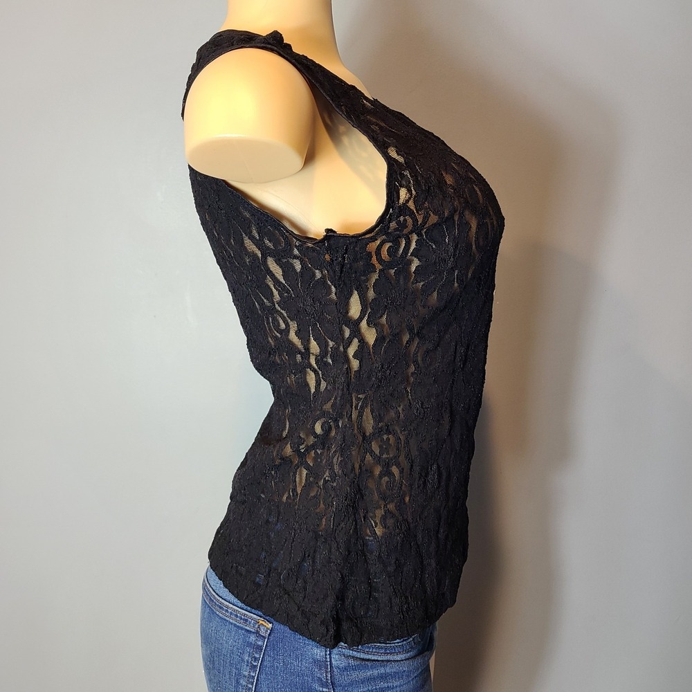 Vtg Y2K‎ Sheer Stretchy Lace Dainty Black Fairy Goth Top Sz L 90s Floral Grunge - Picture 4 of 10